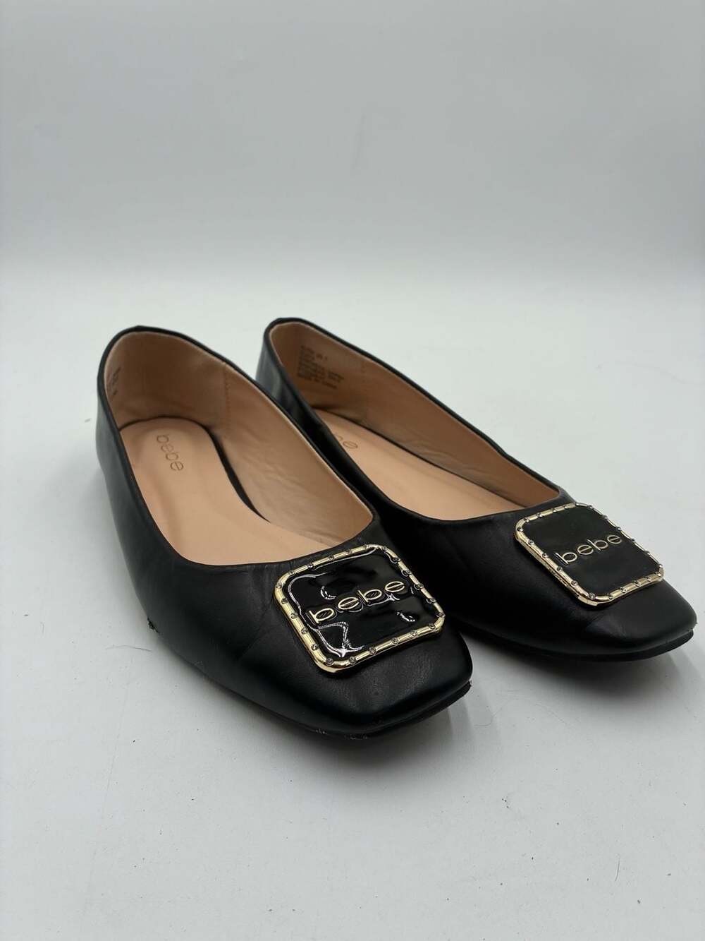 Bebe Alina Black Square Toe Logo Plaque Ballet Flats Size 7
